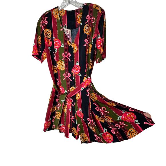 NWT RARE Vintage Dead Stock Black Green Stripe Red Rose Pink Bow Romper Medium - Picture 1 of 9